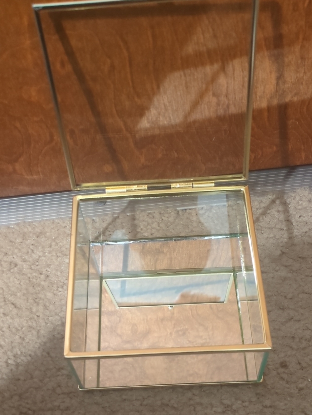 Glass Jewelry Display Box with Gold Trim - Mirrored Bottom